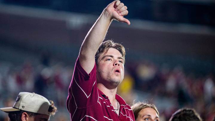 A Florida State fan holds up a thumbs down signal while yelling “boo” at Florida State Seminoles head coach Mike Norvell after the Seminoles lost to the SMU Mustangs on Monday, Sept. 7, 2026.