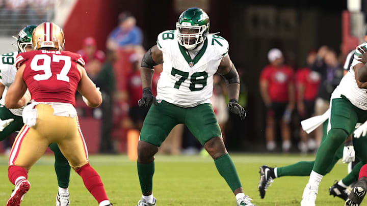 Sep 9, 2024; Santa Clara, California, USA; New York Jets offensive tackle Morgan Moses (78) during the third quarter against the San Francisco 49ers at Levi's Stadium.