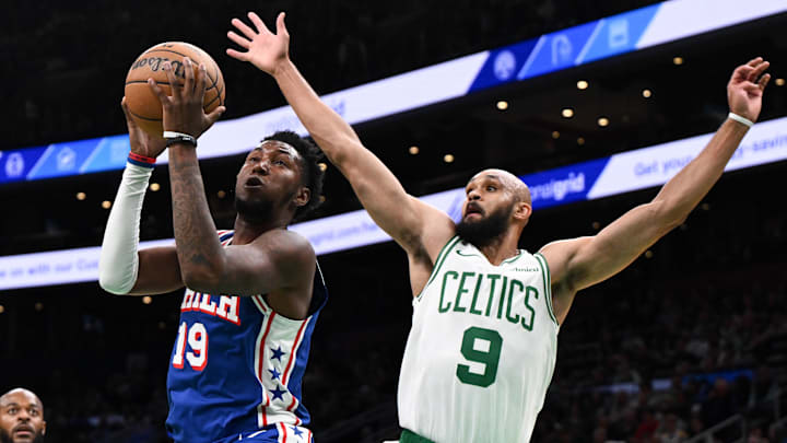 Oct 12, 2024; Boston, Massachusetts, USA; Philadelphia 76ers forward Justin Edwards (19) drives to the basket against Boston Celtics guard Derrick White (9) during the first half at the TD Garden. Mandatory Credit: Brian Fluharty-Imagn Images Oct 12, 2024; Boston, Massachusetts, USA; Philadelphia 76ers forward Justin Edwards (19) drives to the basket against Boston Celtics guard Derrick White (9) during the first half at the TD Garden. Mandatory Credit: Brian Fluharty-Imagn Images