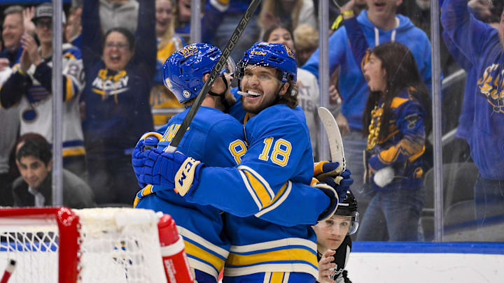 Mar 22, 2025; St. Louis, Missouri, USA;  St. Louis Blues center Robert Thomas (18) celebrates with center Dylan Holloway (81) after scoring against the Chicago Blackhawks during the second period at Enterprise Center. Mandatory Credit: Jeff Curry-Imagn Images