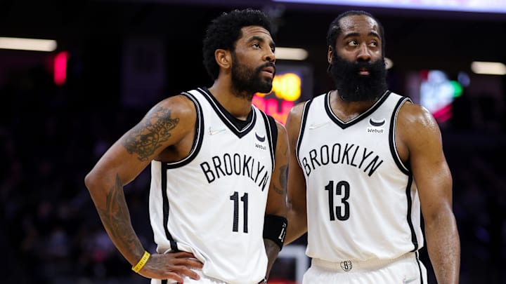 Then-Brooklyn Nets teammates Kyrie Irving and James Harden on Feb 2, 2022.