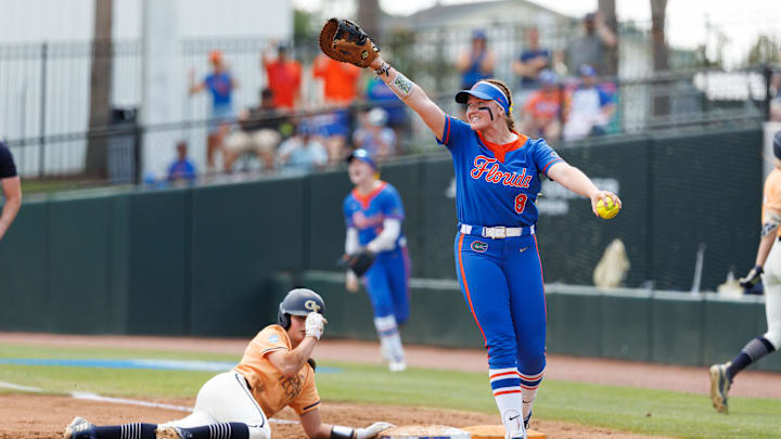 May 16, 2026; Gainesville, FL, USA; Florida Gators catcher Jocelyn Erickson (8) reacts after making a play against the Georgia Tech Yellow Jackets during the fifth inning at Katie Seashole Pressly Stadium. Mandatory Credit: Matt Pendleton-Imagn Images