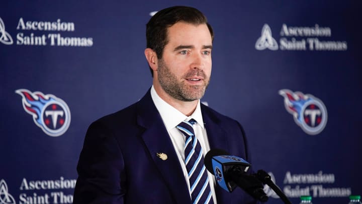 Brian Callahan speaks during a press conference after being hired as the Tennessee Titans new head coach at Ascension Saint Thomas Sports Park in Nashville, Tenn., Thursday, Jan. 25, 2024.