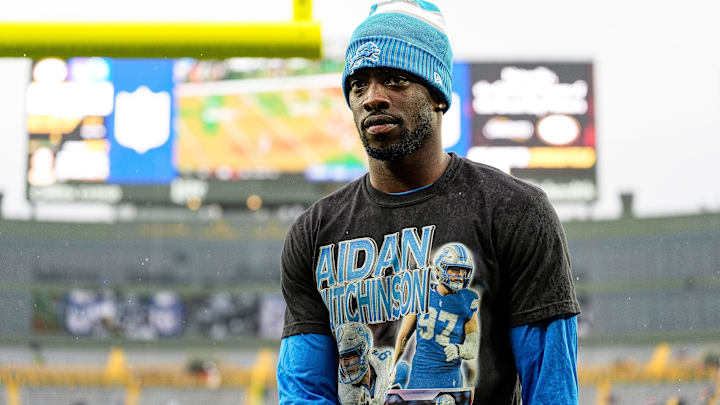 Detroit Lions cornerback Terrion Arnold walks off the field during warmups before the Green Bay Packers game at Lambeau Field in Green Bay, Wis., on Sunday, Nov. 3, 2024. He was wearing a T-shirt in support of injured teammate Aidan Hutchinson. Detroit Lions cornerback Terrion Arnold walks off the field during warmups before the Green Bay Packers game at Lambeau Field in Green Bay, Wis., on Sunday, Nov. 3, 2024. He was wearing a T-shirt in support of injured teammate Aidan Hutchinson.