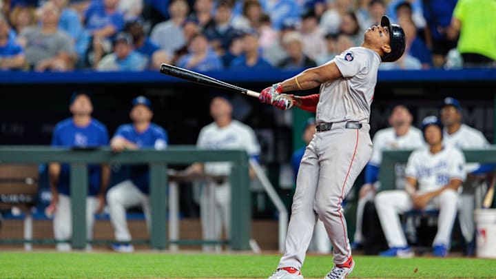 Aug 6, 2024; Kansas City, Missouri, USA; Boston Red Sox third base Rafael Devers (11) watches a pop fly during the sixth inning against the Kansas City Royals at Kauffman Stadium. Mandatory Credit: William Purnell-Imagn Images