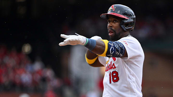 Apr 12, 2026; St. Louis, Missouri, USA; St. Louis Cardinals right fielder Jordan Walker (18) reacts after hitting a single against the Boston Red Sox during the sixth inning at Busch Stadium. Mandatory Credit: Jeff Curry-Imagn Images