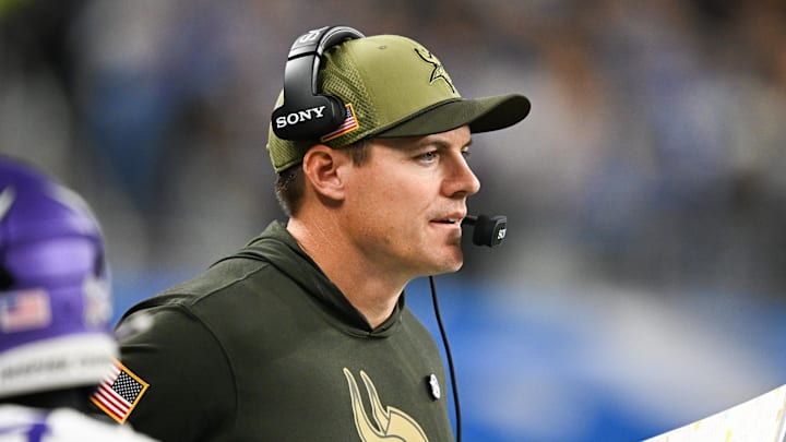 Nov 2, 2025; Detroit, Michigan, USA; Minnesota Vikings head coach Kevin O'Connell looks on during the first quarter against the Detroit Lions at Ford Field.