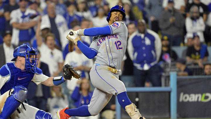Oct 20, 2024; Los Angeles, California, USA; New York Mets shortstop Francisco Lindor (12) strikes out to end the seventh inning against the Los Angeles Dodgers during game six of the NLCS for the 2024 MLB playoffs at Dodger Stadium. Mandatory Credit: Jayne Kamin-Oncea-Imagn Images Oct 20, 2024; Los Angeles, California, USA; New York Mets shortstop Francisco Lindor (12) strikes out to end the seventh inning against the Los Angeles Dodgers during game six of the NLCS for the 2024 MLB playoffs at Dodger Stadium. Mandatory Credit: Jayne Kamin-Oncea-Imagn Images