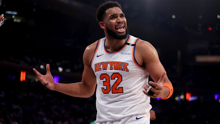 May 16, 2025; New York, New York, USA; New York Knicks center Karl-Anthony Towns (32) reacts during the first quarter of game six in the second round of the 2025 NBA Playoffs against the Boston Celtics at Madison Square Garden. Mandatory Credit: Brad Penner-Imagn Images