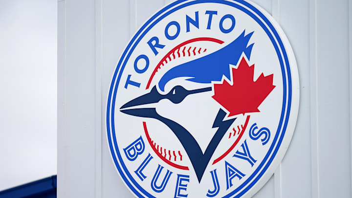 Mar 6, 2021; Dunedin, Florida, USA; A detailed view of the Toronto Blue Jays logo on a building at