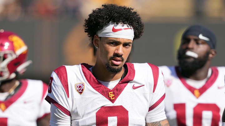 Oct 28, 2023; Berkeley, California, USA; USC Trojans quarterback Malachi Nelson (8) before the game against the California Golden Bears at California Memorial Stadium.