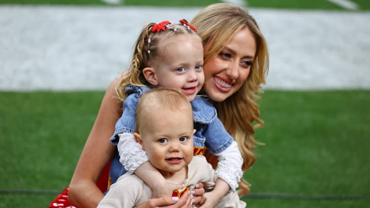 Feb 11, 2024: Brittany Mahomes poses for a photo with daughter Sterling and son Patrick "Bronze" before Super Bowl LVIII.