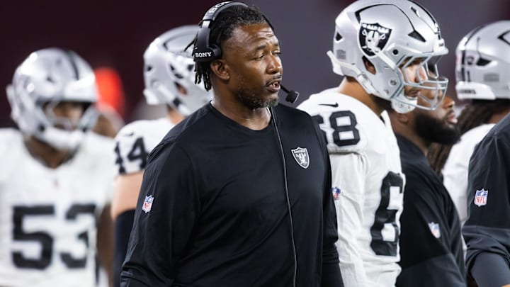 Aug 23, 2025; Glendale, Arizona, USA; Las Vegas Raiders defensive coordinator Patrick Graham against the Arizona Cardinals during a preseason NFL game at State Farm Stadium. 