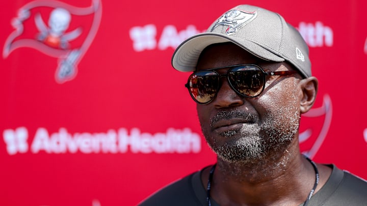 Jun 10, 2025; Tampa Bay, FL, USA; Tampa Bay Buccaneers head coach Todd Bowles gives a press conference after mini camp at AdventHealth Training Center. Mandatory Credit: Nathan Ray Seebeck-Imagn Images