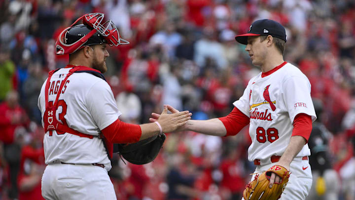 May 25, 2025; St. Louis, Missouri, USA; St. Louis Cardinals relief pitcher Phil Maton (88) celebrates with catcher Pedro Pages (43) after the Cardinals defeated the Arizona Diamondbacks at Busch Stadium. Mandatory Credit: Jeff Curry-Imagn Images May 25, 2025; St. Louis, Missouri, USA; St. Louis Cardinals relief pitcher Phil Maton (88) celebrates with catcher Pedro Pages (43) after the Cardinals defeated the Arizona Diamondbacks at Busch Stadium. Mandatory Credit: Jeff Curry-Imagn Images