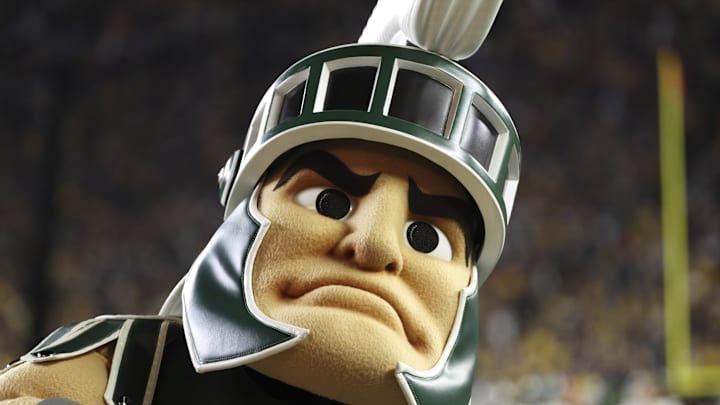 Oct 26, 2024; Ann Arbor, Michigan, USA;  Michigan State Spartans mascot Sparty on the sideline against the Michigan Wolverines at Michigan Stadium. Mandatory Credit: Rick Osentoski-Imagn Images