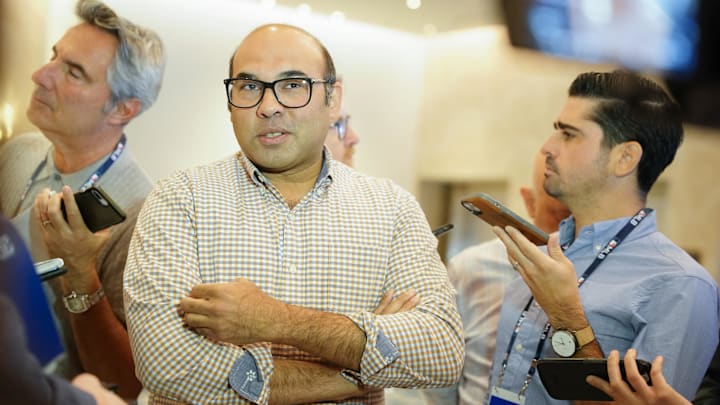Nov 9, 2022; Las Vegas, NV, USA; San Francisco Giants president of baseball operations Farhan Zaidi answers questions from the media during the MLB GM Meetings at The Conrad Las Vegas. Nov 9, 2022; Las Vegas, NV, USA; San Francisco Giants president of baseball operations Farhan Zaidi answers questions from the media during the MLB GM Meetings at The Conrad Las Vegas.
