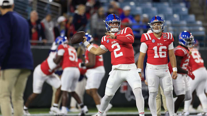 Mississippi Rebels quarterback Jaxson Dart (2) throws the ball before the TaxSlayer Gator Bowl Thursday, Jan. 2, 2025 at EverBank Stadium in Jacksonville, Fla.  