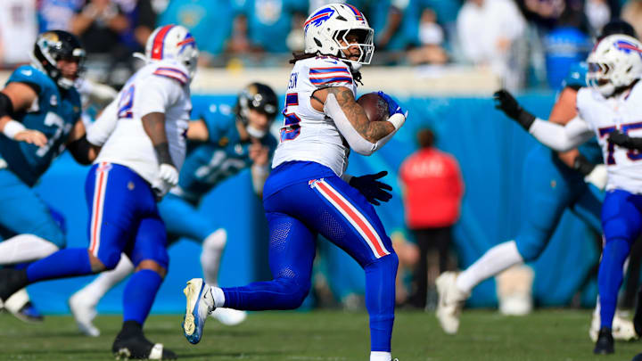 Buffalo Bills linebacker Shaq Thompson (45) looks over his shoulder after an interception during the first quarter of an NFL football AFC Wild Card playoff matchup, Sunday, Jan. 11, 2026, in Jacksonville, Fla. The Bills defeated the Jaguars 27-24. [Corey Perrine/Florida Times-Union]