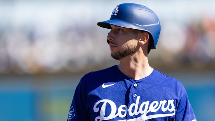 Feb 22, 2026; Peoria, Arizona, USA; Los Angeles Dodgers outfielder Kyle Tucker against the San Diego Padres during a spring training game at Peoria Sports Complex. Mandatory Credit: Mark J. Rebilas-Imagn Images