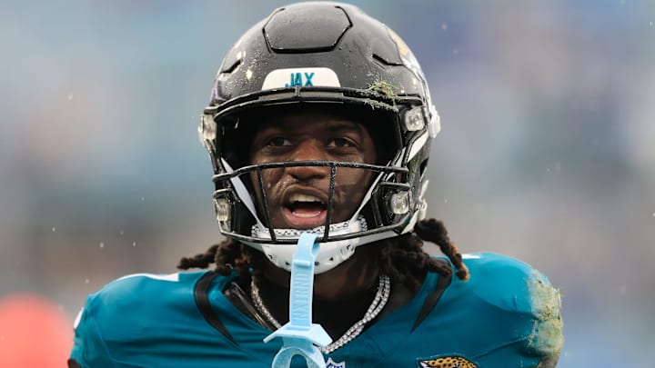 Jacksonville Jaguars wide receiver Brian Thomas Jr. (7) reacts to his first down pickup during the second quarter of an NFL football matchup Sunday, Dec. 29, 2024 at EverBank Stadium in Jacksonville, Fla. [Corey Perrine/Florida Times-Union]