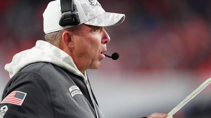 Nov 17, 2024; Denver, Colorado, USA; Denver Broncos head coach Sean Payton during the game against the Atlanta Falcons at Empower Field at Mile High. Mandatory Credit: Ron Chenoy-Imagn Images