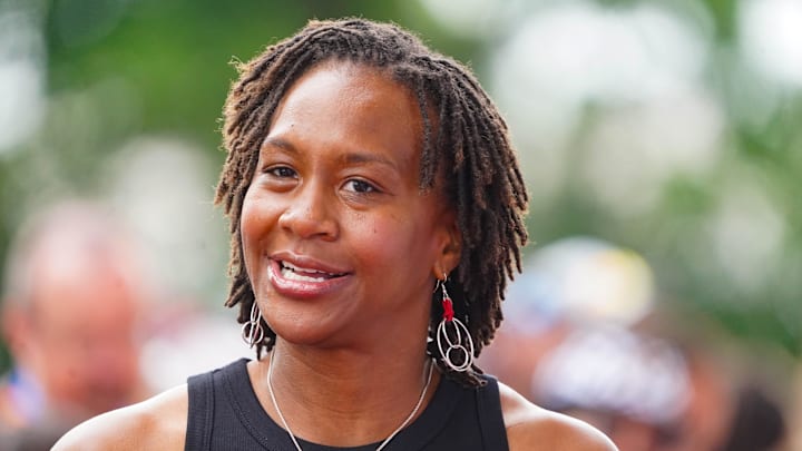 Retired WNBA player Tamika Catchings walks the celebrity red carpet on Sunday, May 26, 2024, during the 108th running of the Indianapolis 500 at Indianapolis Motor Speedway.