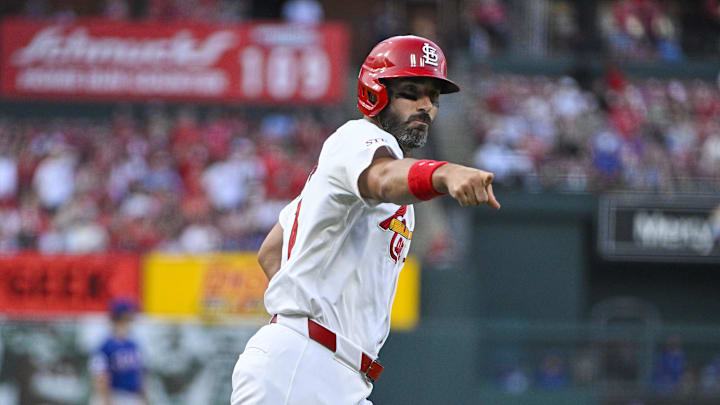 Jul 29, 2024; St. Louis, Missouri, USA;  St. Louis Cardinals designated hitter Matt Carpenter (13) reacts after hitting a two run home run against the Texas Rangers during the third inning at Busch Stadium. Mandatory Credit: Jeff Curry-Imagn Images
