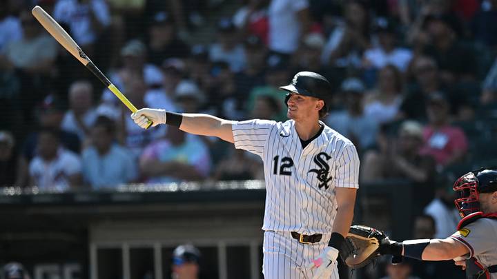 Aug 20, 2026; Chicago, Illinois, USA;  Chicago White Sox shortstop Colson Montgomery (12) reacts after striking out against the Atlanta Braves during the seventh inning at Rate Field.  Mandatory Credit: Patrick Gorski-Imagn Images
