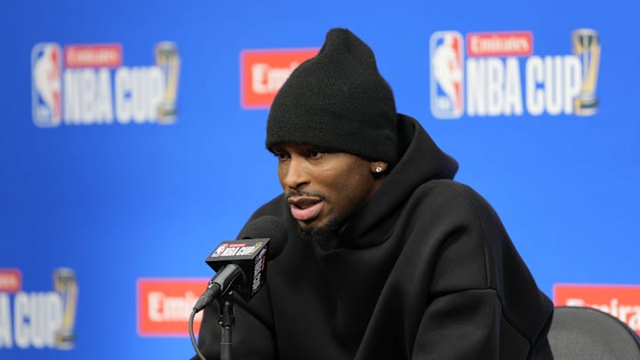 December 13, 2024; Las Vegas, Nevada, USA; Oklahoma City Thunder guard Shai Gilgeous-Alexander (2) addresses the media in a press conference during practice prior to the Emirates NBA Cup semi-finals at T-Mobile Arena. Mandatory Credit: Kyle Terada-Imagn Images December 13, 2024; Las Vegas, Nevada, USA; Oklahoma City Thunder guard Shai Gilgeous-Alexander (2) addresses the media in a press conference during practice prior to the Emirates NBA Cup semi-finals at T-Mobile Arena. Mandatory Credit: Kyle Terada-Imagn Images