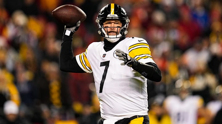 Jan 16, 2022; Kansas City, Missouri, USA; Pittsburgh Steelers quarterback Ben Roethlisberger (7) throws a pass against the Kansas City Chiefs during the second half in an AFC Wild Card playoff football game at GEHA Field at Arrowhead Stadium. Mandatory Credit: Jay Biggerstaff-Imagn Images