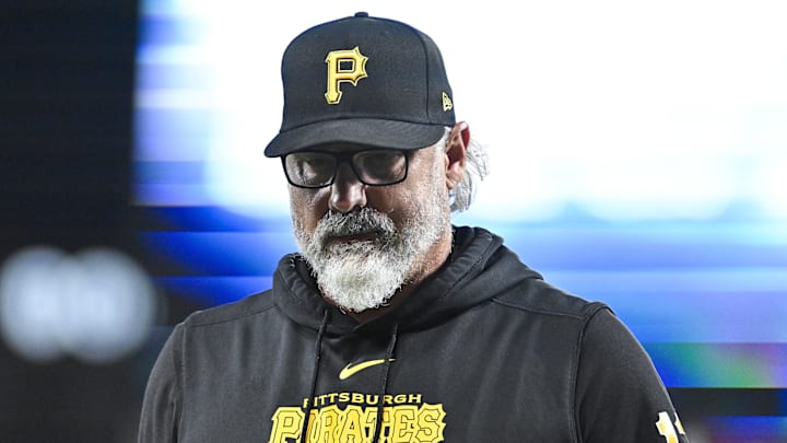 Sep 16, 2024; St. Louis, Missouri, USA;  Pittsburgh Pirates manager Derek Shelton (17) walks off the field after a pitching change during the seventh inning against the St. Louis Cardinals at Busch Stadium. Mandatory Credit: Jeff Curry-Imagn Images