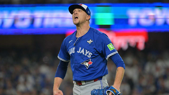 Oct 27, 2025; Los Angeles, California, USA; Toronto Blue Jays pitcher Jeff Hoffman (23) reacts in the tenth inning against the Los Angeles Dodgers during game three of the 2025 MLB World Series at Dodger Stadium. 