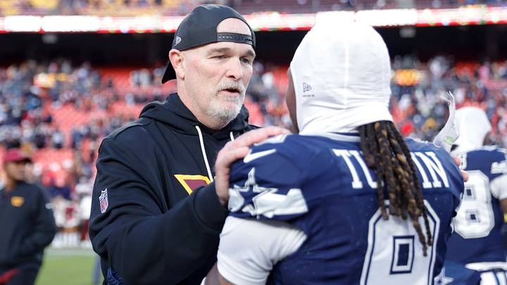 Washington Commanders head coach Dan Quinn speaks to Dallas Cowboys wide receiver Kavontae Turpin (9) after the game at Northwest Stadium. Mandatory Credit: Amber Searls-Imagn Images Washington Commanders head coach Dan Quinn speaks to Dallas Cowboys wide receiver Kavontae Turpin (9) after the game at Northwest Stadium. Mandatory Credit: Amber Searls-Imagn Images