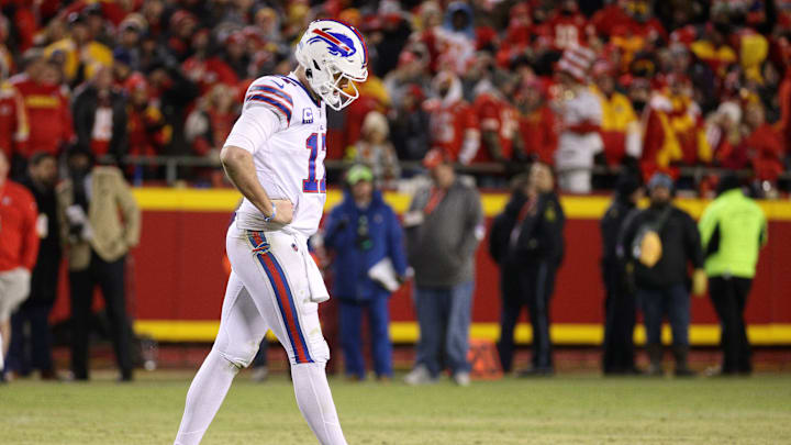 Bills quarterback Josh Allen walks off the field after a Chiefs stop. The Chiefs beat the Bills 42-36 in overtime. Bills quarterback Josh Allen walks off the field after a Chiefs stop. The Chiefs beat the Bills 42-36 in overtime.