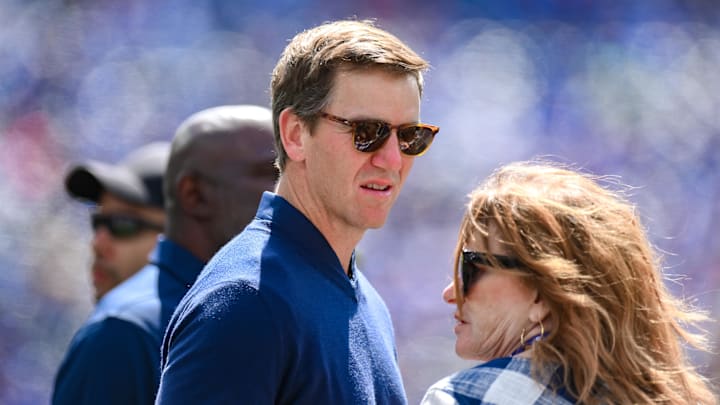 Sep 8, 2024; East Rutherford, New Jersey, USA; Former New York Giants legend Eli Manning before a game between the New York Giants and the Minnesota Vikings at MetLife Stadium. Mandatory Credit: John Jones-Imagn Images