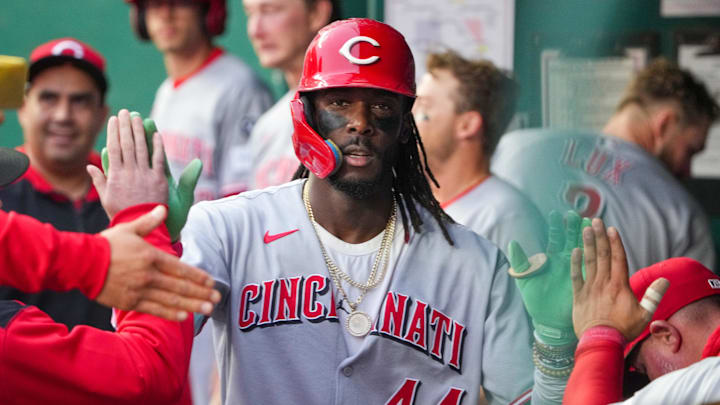 May 27, 2025; Kansas City, Missouri, USA; Cincinnati Reds shortstop Elly De La Cruz (44) celebrates in the dugout after hitting a solo home run against the Kansas City Royals in the fourth inning at Kauffman Stadium. Mandatory Credit: Denny Medley-Imagn Images May 27, 2025; Kansas City, Missouri, USA; Cincinnati Reds shortstop Elly De La Cruz (44) celebrates in the dugout after hitting a solo home run against the Kansas City Royals in the fourth inning at Kauffman Stadium. Mandatory Credit: Denny Medley-Imagn Images