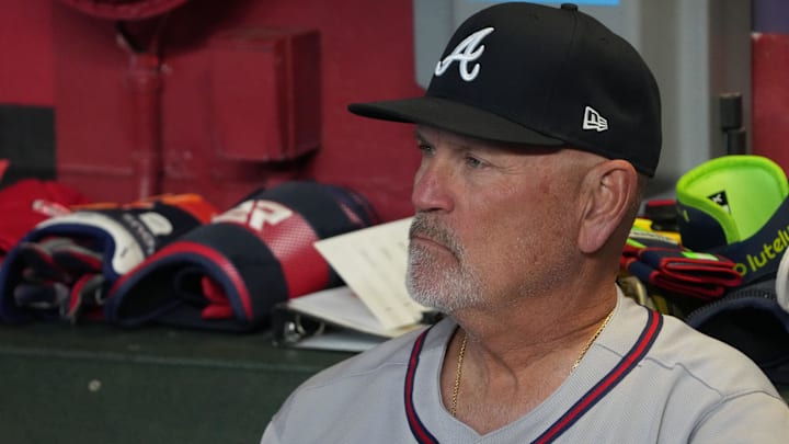 Atlanta Braves manager Brian Snitker (43) gets ready for a game against the Arizona Diamondbacks at Chase Field.