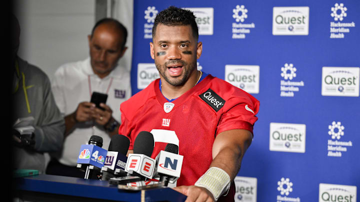 Jun 17, 2025; East Rutherford, NJ, USA; New York Giants quarterback Russell Wilson (3) speaks at a press conference during minicamp at Quest Diagnostics Training Center. Mandatory Credit: John Jones-Imagn Images Jun 17, 2025; East Rutherford, NJ, USA; New York Giants quarterback Russell Wilson (3) speaks at a press conference during minicamp at Quest Diagnostics Training Center. Mandatory Credit: John Jones-Imagn Images