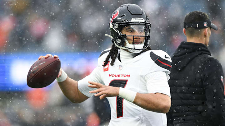 Jan 18, 2026; Foxborough, MA, USA; Houston Texans quarterback C.J. Stroud (7) warms up before an AFC Divisional Round game against the New England Patriots at Gillette Stadium. Mandatory Credit: Brian Fluharty-Imagn Images