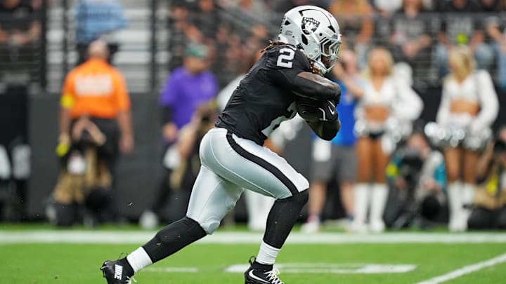 Las Vegas Raiders running back Ashton Jeanty runs the ball during the first quarter against the Jacksonville Jaguars.
