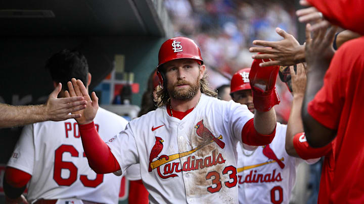 Jun 5, 2025; St. Louis, Missouri, USA; St. Louis Cardinals second baseman Brendan Donovan (33) is congratulated by teammates after scoring against the Kansas City Royals during the third inning at Busch Stadium. Mandatory Credit: Jeff Curry-Imagn Images Jun 5, 2025; St. Louis, Missouri, USA; St. Louis Cardinals second baseman Brendan Donovan (33) is congratulated by teammates after scoring against the Kansas City Royals during the third inning at Busch Stadium. Mandatory Credit: Jeff Curry-Imagn Images