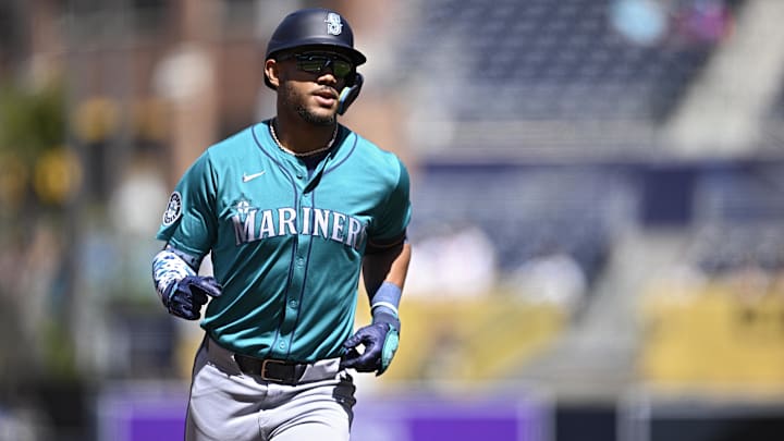 Seattle Mariners center fielder Julio Rodriguez runs after a home run during a spring training game against the San Diego Padres on March 27 at Petco Park. Seattle Mariners center fielder Julio Rodriguez runs after a home run during a spring training game against the San Diego Padres on March 27 at Petco Park.