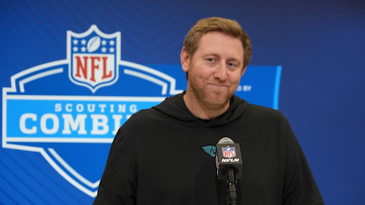 Feb 25, 2025; Indianapolis, IN, USA; Jacksonville Jaguars coach Liam Coen speaks during the NFL Scouting Combine at the Indiana Convention Center. Mandatory Credit: Kirby Lee-Imagn Images Feb 25, 2025; Indianapolis, IN, USA; Jacksonville Jaguars coach Liam Coen speaks during the NFL Scouting Combine at the Indiana Convention Center. Mandatory Credit: Kirby Lee-Imagn Images