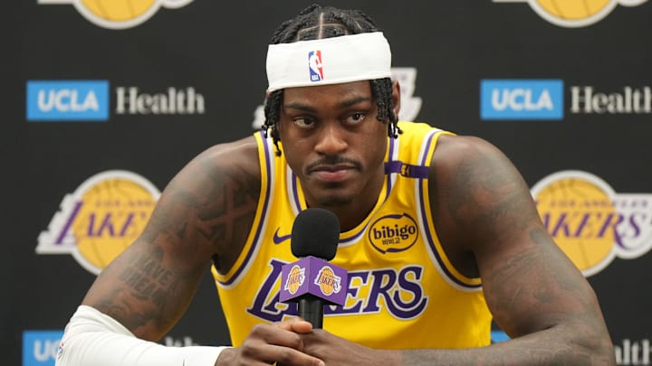 Sep 30, 2024; El Segundo, CA, USA; Los Angeles Lakers forward Jarred Vanderbilt (2) during media day at the UCLA Health Training Center. Mandatory Credit: Kirby Lee-Imagn Images