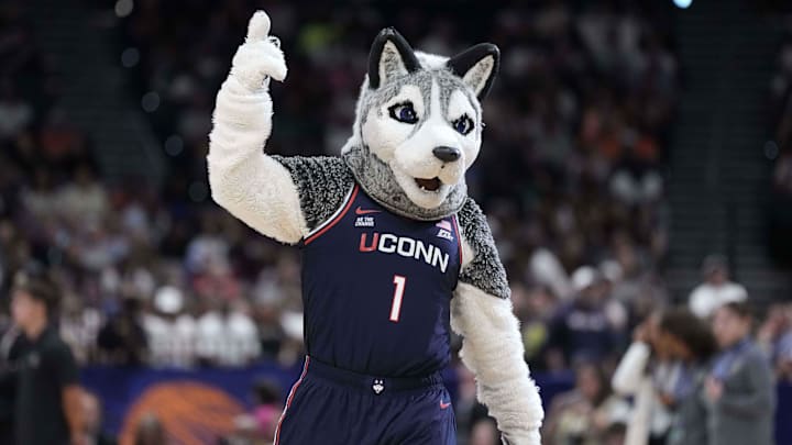 Apr 6, 2025; Tampa, FL, USA; UConn Huskies mascot Jonathan the Husky during the national championship of the women's 2025 NCAA tournament against the South Carolina Gamecocks at Amalie Arena. Mandatory Credit: Kirby Lee-Imagn Images Apr 6, 2025; Tampa, FL, USA; UConn Huskies mascot Jonathan the Husky during the national championship of the women's 2025 NCAA tournament against the South Carolina Gamecocks at Amalie Arena. Mandatory Credit: Kirby Lee-Imagn Images