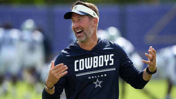 Dallas Cowboys head coach Brian Schottenheimer reacts during a joint practice against the Los Angeles Rams.