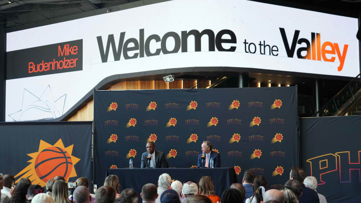 May 17, 2024; Phoenix, AZ, USA; Mike Budenholzer speaks alongside General Manager James Jones during a press conference to announce his job as head coach of the Phoenix Suns. Mandatory Credit: Joe Camporeale-USA TODAY Sports May 17, 2024; Phoenix, AZ, USA; Mike Budenholzer speaks alongside General Manager James Jones during a press conference to announce his job as head coach of the Phoenix Suns. Mandatory Credit: Joe Camporeale-USA TODAY Sports