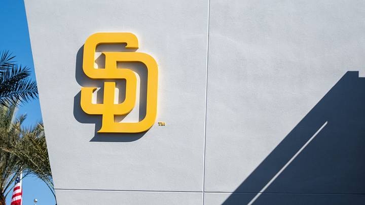 Feb 18, 2024; Peoria, AZ, USA; A general view of the San Diego Padres logo and clubhouse during a workout day at Peoria Sports Complex. Mandatory Credit: Allan Henry-USA TODAY Sports