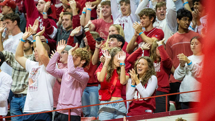 Indiana fan cheer a dunk during the Indiana versus Southern Illinois University Edwardsville men's basketball game at Simon Skjodt Assembly Hall on Wednesday, Nov. 6, 2024.